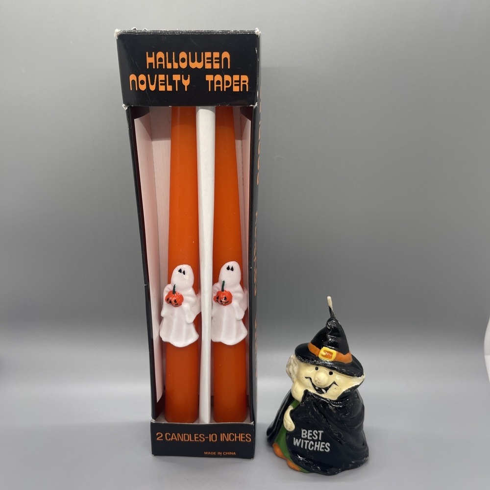 VTG Halloween Novelty Taper Candles 10" Ghost JOL And Russ‎ 4" Witch Candle